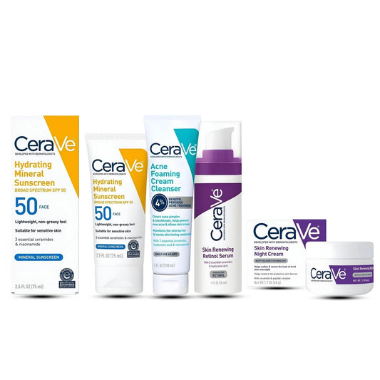 Buy Now Cerave 4 In 1 Skincare Kit Night Cream, Sunblock, Cleanser & Serum For Radiant Skin