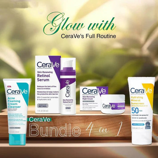 Buy Now Cerave 4 In 1 Skincare Kit Night Cream, Sunblock, Cleanser & Serum For Radiant Skin